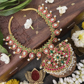 Vriksham Mango Style Kundan Jadau Neckpiece-Red Green-Pearl-J3330